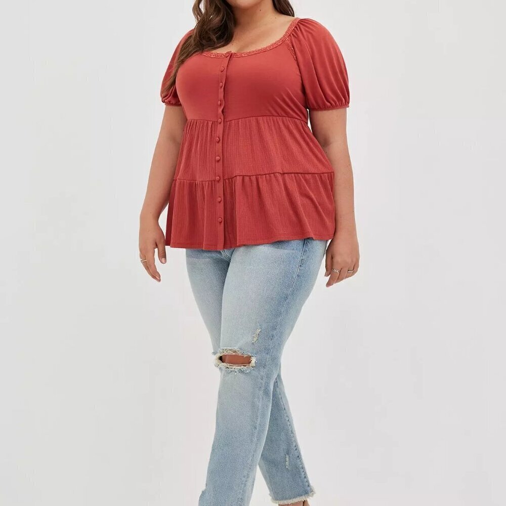 Torrid Burnt Red Textured Jersey Scoop Neck Tiered Babydoll Top Size 2 (18/20)